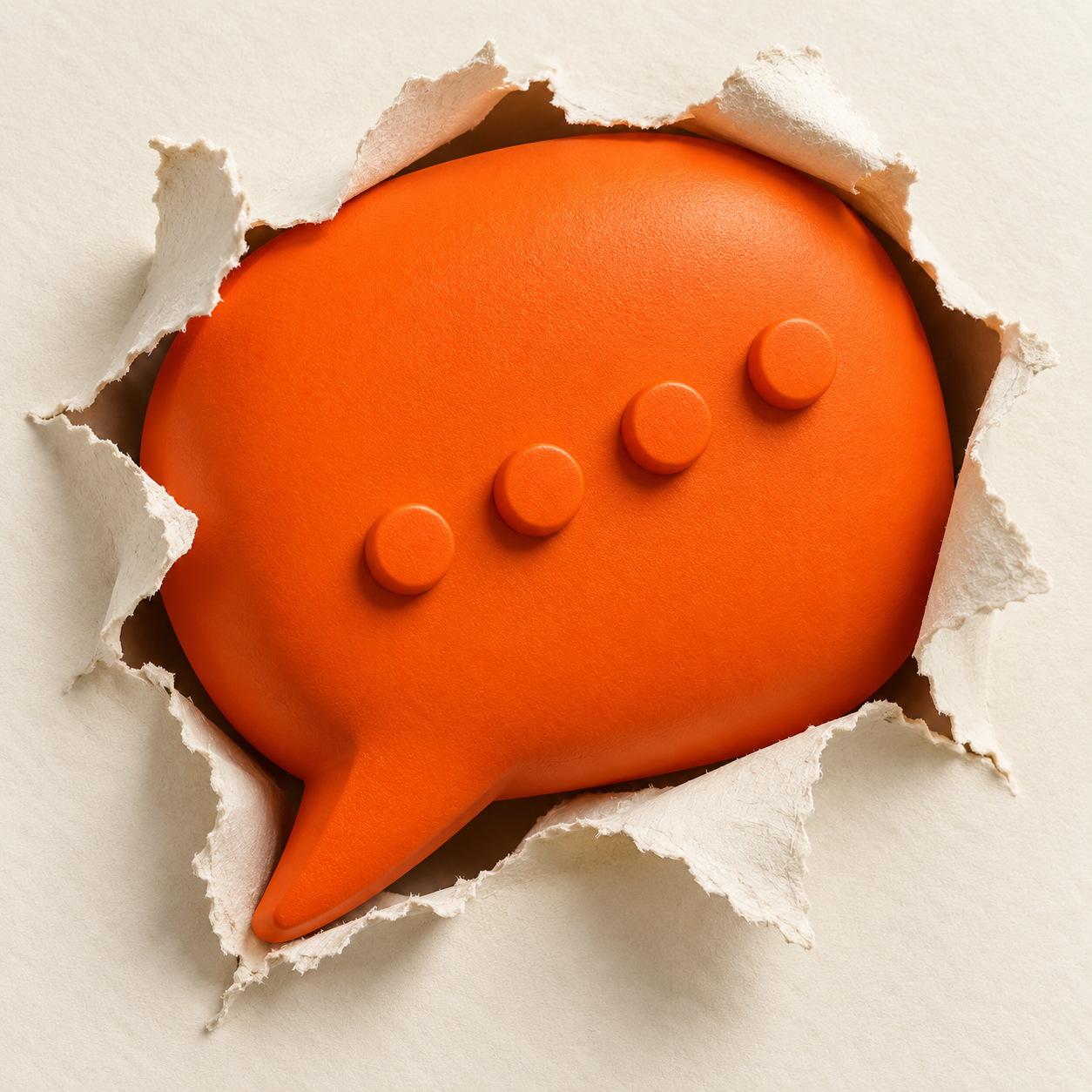 Balão de conversa laranja rompendo camadas de papel, com os quatro pontos da 4P.